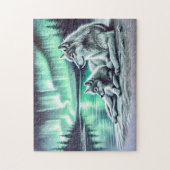 2匹のオオカミが水辺でノーザンライトで ジグソーパズル (縦)