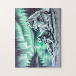 2匹のオオカミが水辺でノーザンライトで ジグソーパズル