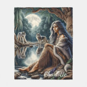 2匹のオオカミで反省する先住民の女性 フリースブランケット (正面)