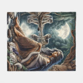 2匹のオオカミで反省する先住民の女性 フリースブランケット (正面(横))