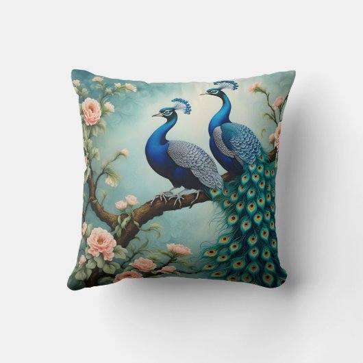 2匹のカラフル孔雀がバラの間に止まっていた クッション (裏面)