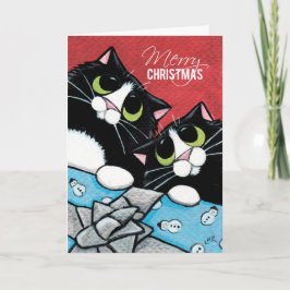 2匹のタキシード猫およびクリスマスの現在のクリスマスカード シーズンカード