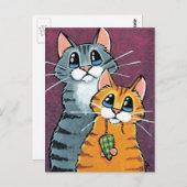 2匹のタビー猫とネズミのおもちゃイラストレーション ポストカード (正面/裏面)