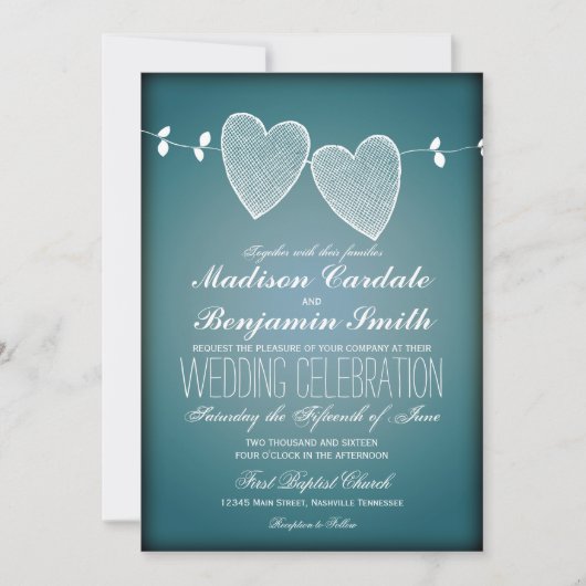 2匹のハートのヴィンテージの青の結婚式招待状 招待状 (正面)