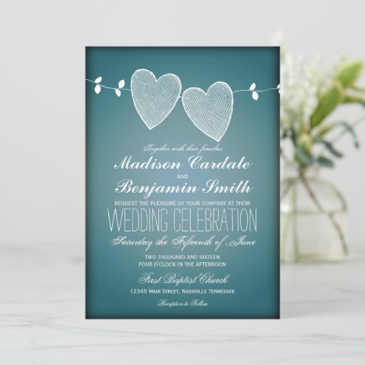 2匹のハートのヴィンテージの青の結婚式招待状 招待状 (スタンド正面)