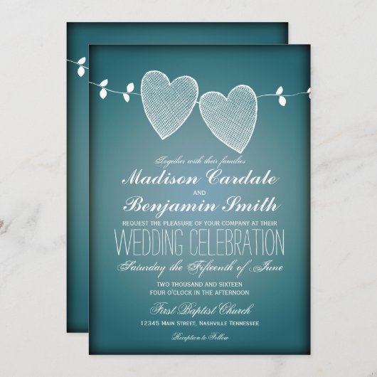 2匹のハートのヴィンテージの青の結婚式招待状 招待状 (正面/裏面)