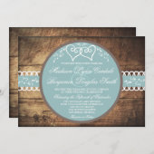 2匹のハートの素朴な木製の青い結婚式招待状 招待状 (正面/裏面)