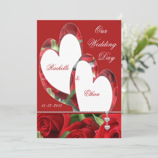 2匹のハートの赤いバラの結婚式招待状 招待状 (スタンド正面)