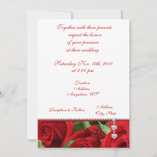 2匹のハートの赤いバラの結婚式招待状 招待状 (裏面)