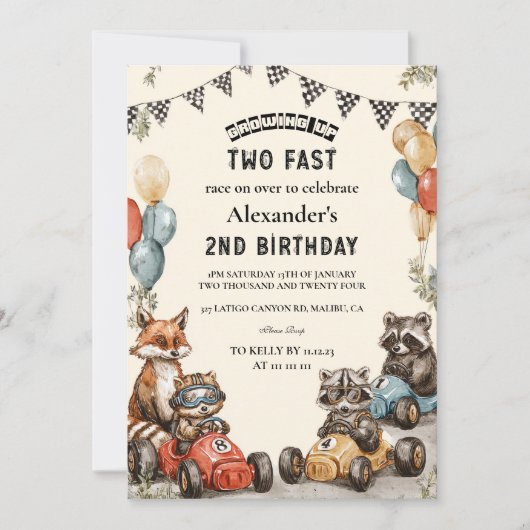 2匹のファストウッドランドの動物の誕生日 招待状 (正面)