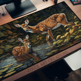 2匹のホワイテイルシカが小川で冷え込む デスクマット