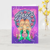 2匹の人魚が付いている魚類の(占星術の)十二宮図のかわいいカード カード (黄色い花)