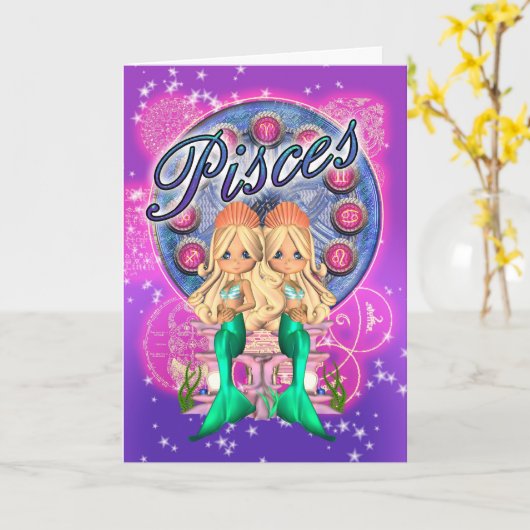 2匹の人魚が付いている魚類の(占星術の)十二宮図のかわいいカード カード (黄色い花)