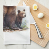 2匹の子犬を持つブラウンベア キッチンタオル (四つ折り)
