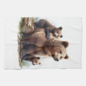 2匹の子犬を持つブラウンベア キッチンタオル (横)