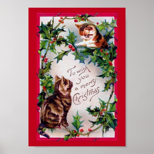 2匹の子猫とクリスマス・ホリー ポスター (正面)