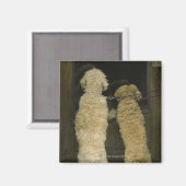 2匹の犬がドアの窓、背面を見て マグネット (正面/裏面)