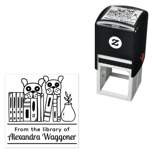 2匹の犬が隠れて本の陰に"の図書館から" セルフインキングスタンプ (インサイチュ)