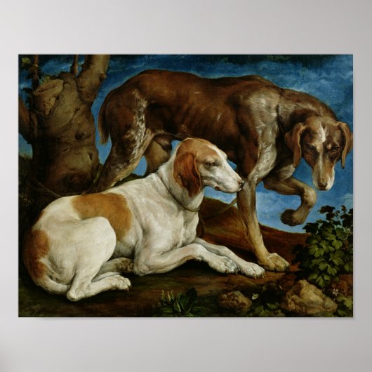 2匹の狩り犬が木の切り株に縛られ、c.1548-50 ポスター (正面)