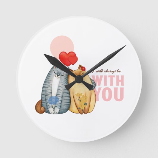 2匹の猫がハートの形とロマンチックに抱き合う ラウンド壁時計 (正面)