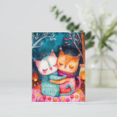 2匹の猫が居心地の良い環境で抱き締めるイラストレーション ポストカード (スタンド正面)