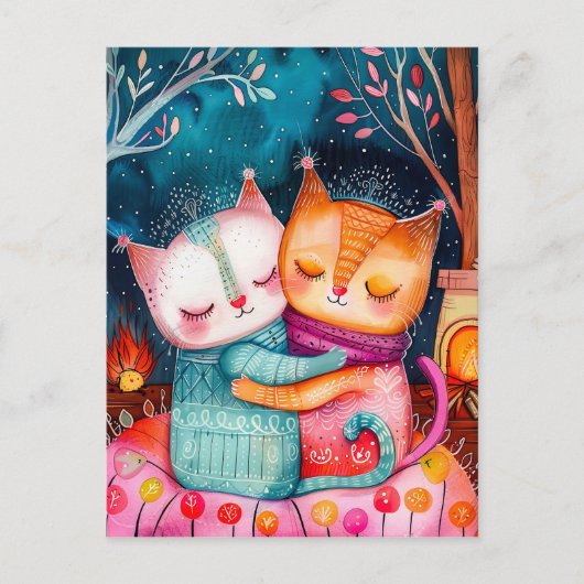 2匹の猫が居心地の良い環境で抱き締めるイラストレーション ポストカード (正面)