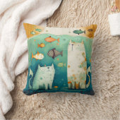 2匹の猫が魚を浮かべて見る – キャンバスプリント クッション (ブランケット)