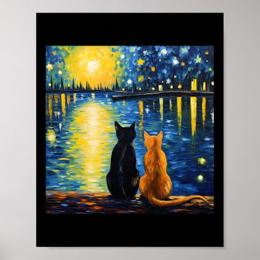 2匹の猫たち星空の夜通し猫芸術絵を描の子猫 ポスター (正面)