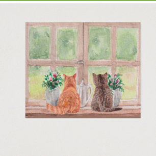 2匹の猫と窓の景色が穏やかな花 ポスター