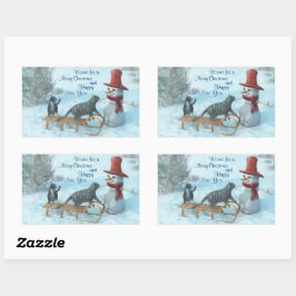 2匹の猫と雪だるま 長方形シール