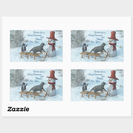 2匹の猫と雪だるま 長方形シール (シート)