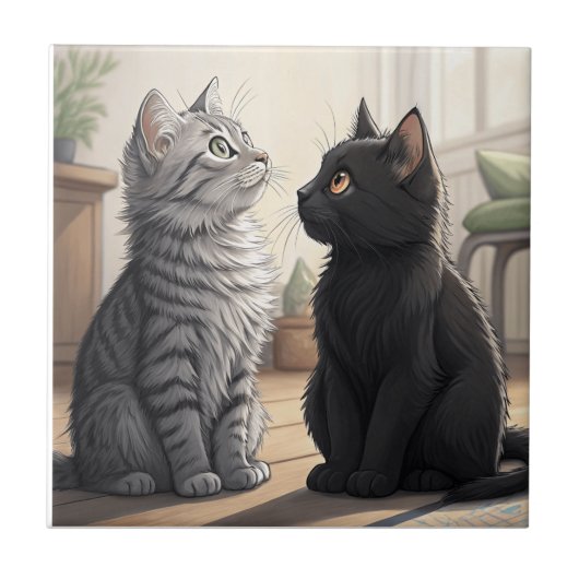 2匹の猫 タイル (正面)