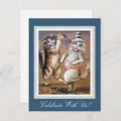 2匹の紙吹雪をまく猫のパーティー 招待状 (正面/裏面)