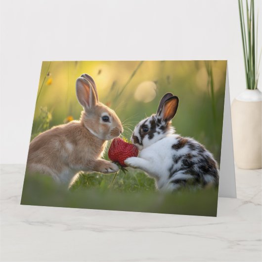 2匹の赤ちゃんウサギが大きな熟したイチゴをシェア カード (正面)