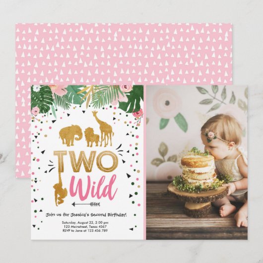 2匹の野生のサファリの金ゴールドの女の子動物の誕生会 招待状 (正面/裏面)
