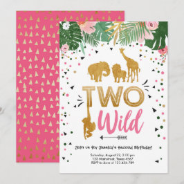 2匹の野生のサファリの金ゴールドの女の子動物の誕生会 招待状