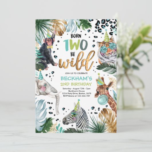 2匹の野生のサファリ動物第2回少年誕生パーティー 招待状 (スタンド正面)