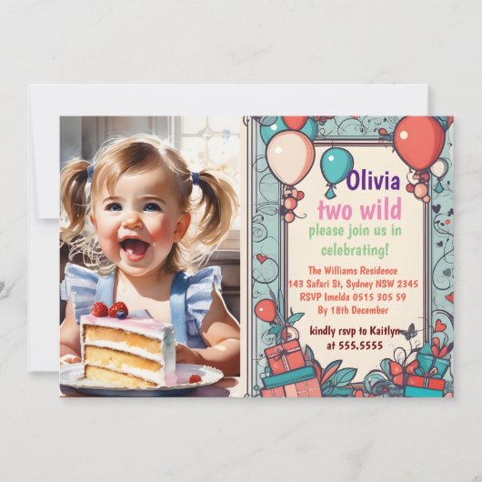 2匹の野生の2歳の誕生日サファリ動物かわいい写真 招待状 (正面)