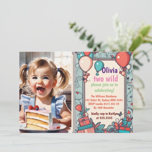 2匹の野生の2歳の誕生日サファリ動物かわいい写真 招待状 (スタンド正面)