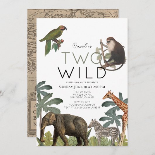 2匹の野生アフリカサファリの動物の誕生日2 招待状 (正面/裏面)