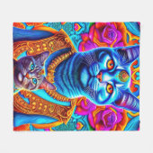 2匹の青い猫イラストレーション フリースブランケット (正面(横))