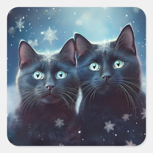 2匹の黒猫が雪に囲まれて スクエアシール (正面)