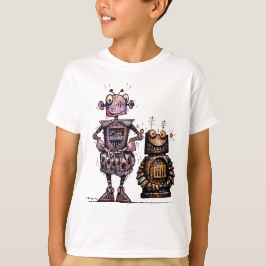 2台のおもしろいな子供のロボット Tシャツ (正面)
