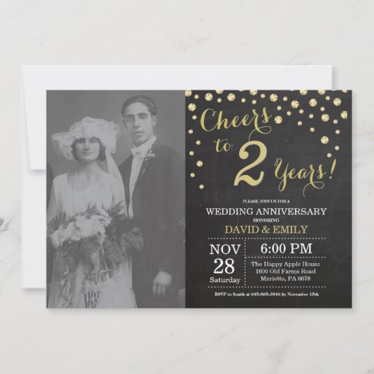 2周年結婚記念日の黒板ブラックゴールド 招待状 (正面)