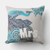 2周年記念コットンティール(緑がかった色)ネイビーピーコックダマスク クッション (正面)