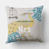 2周年記念ティール(緑がかった色)イエローコーラルダマスクバードケージ クッション (裏面)