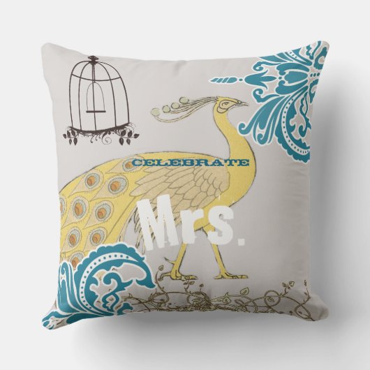 2周年記念ティール（緑がかった色）イエローコーラルダマスクバードケージ クッション (裏面)