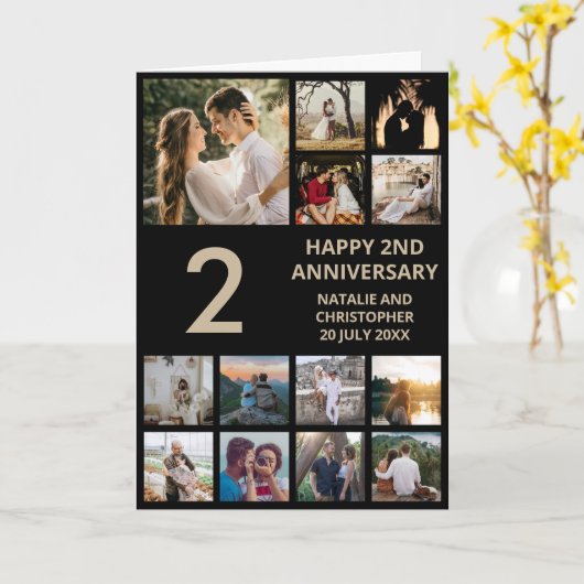 2周年記念13フォトコラージュ黒と金ゴールド カード (黄色い花)