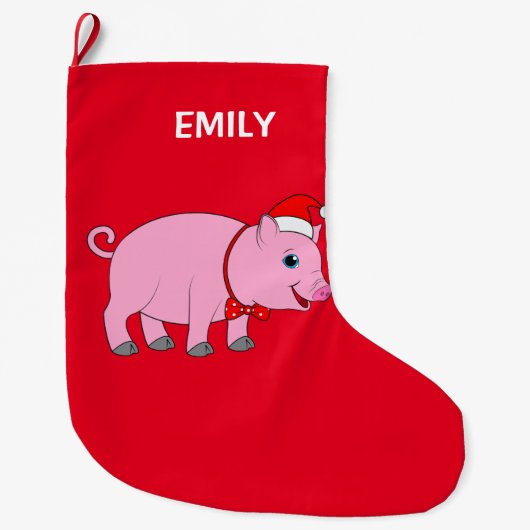 2味方されるクリスマスのブタのカスタマイズ可能 ラージクリスマスストッキング (正面)