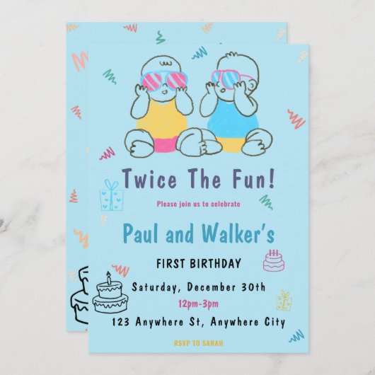 2回のおもしろいツインバースデーパーティーの招待 招待状 (正面/裏面)